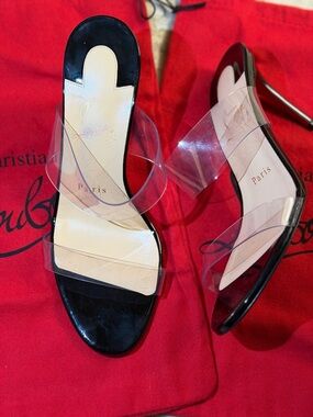 Christian Louboutin Black Patent & Clear PVC Strap Mules